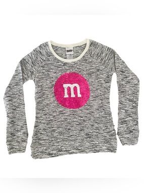 M&M'S Gray Marled Crewneck Sweater Women’s Small Pink Sequin Logo